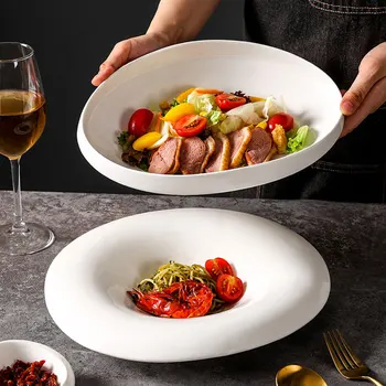 French White Ceramic Dinner Plate Irregular Cold Dishes Seafood Fruit Salad Serving Tray Puree Soup Bowl Restaurant Dinnerware