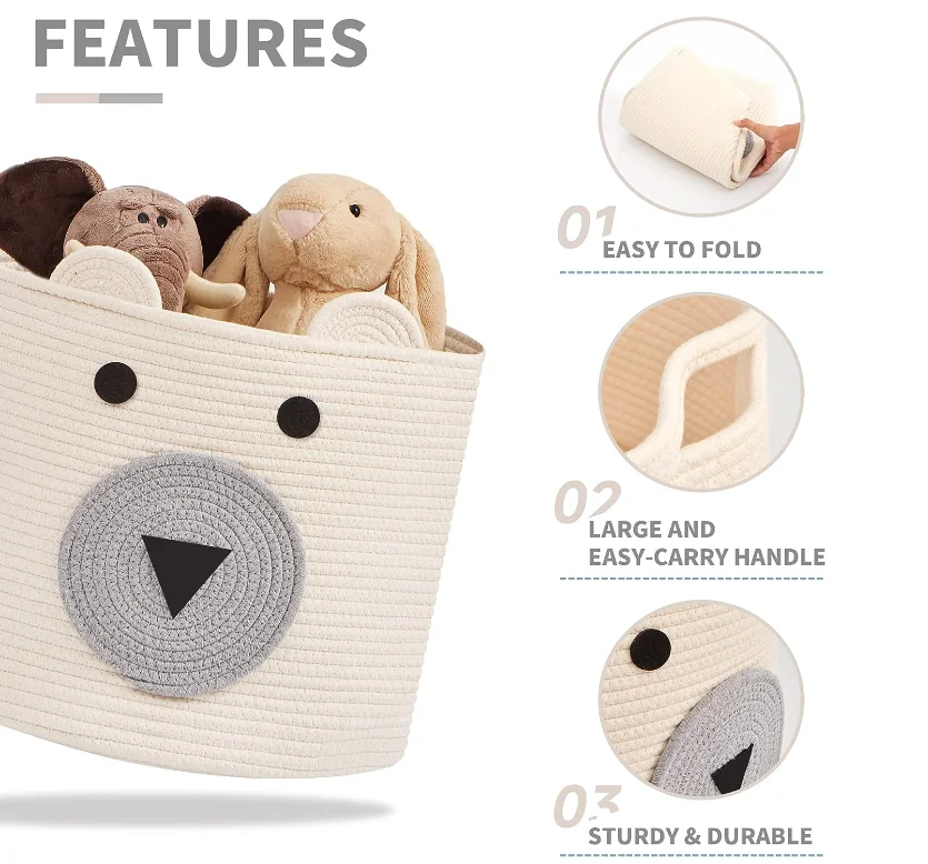 Cotton Rope Storage Basket Cute Bear Basket with Handles Nursery Storage Baby Nursery Basket for Toys Clothes Towels