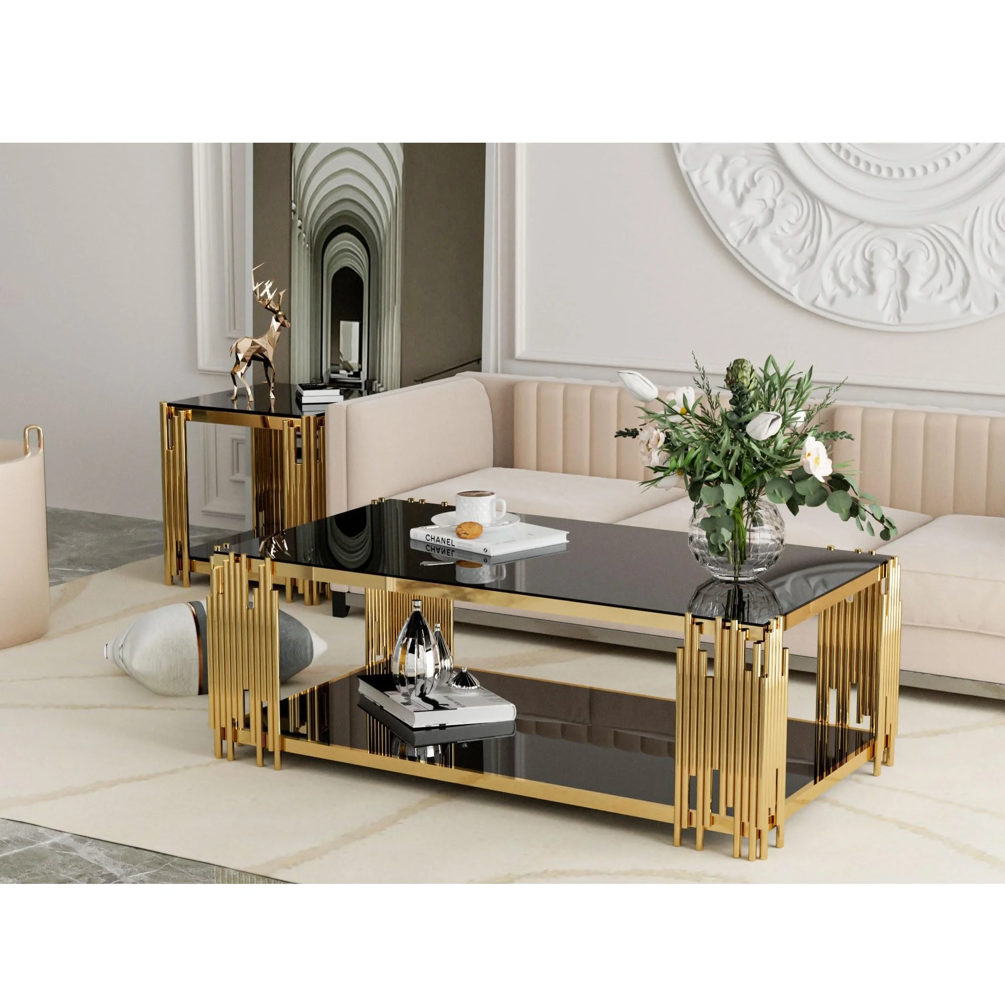 Gold Nordic Modern Luxury Black Metal Glass Top Center Table Mirrored Living Room Furniture Tempered Glass Coffee Table