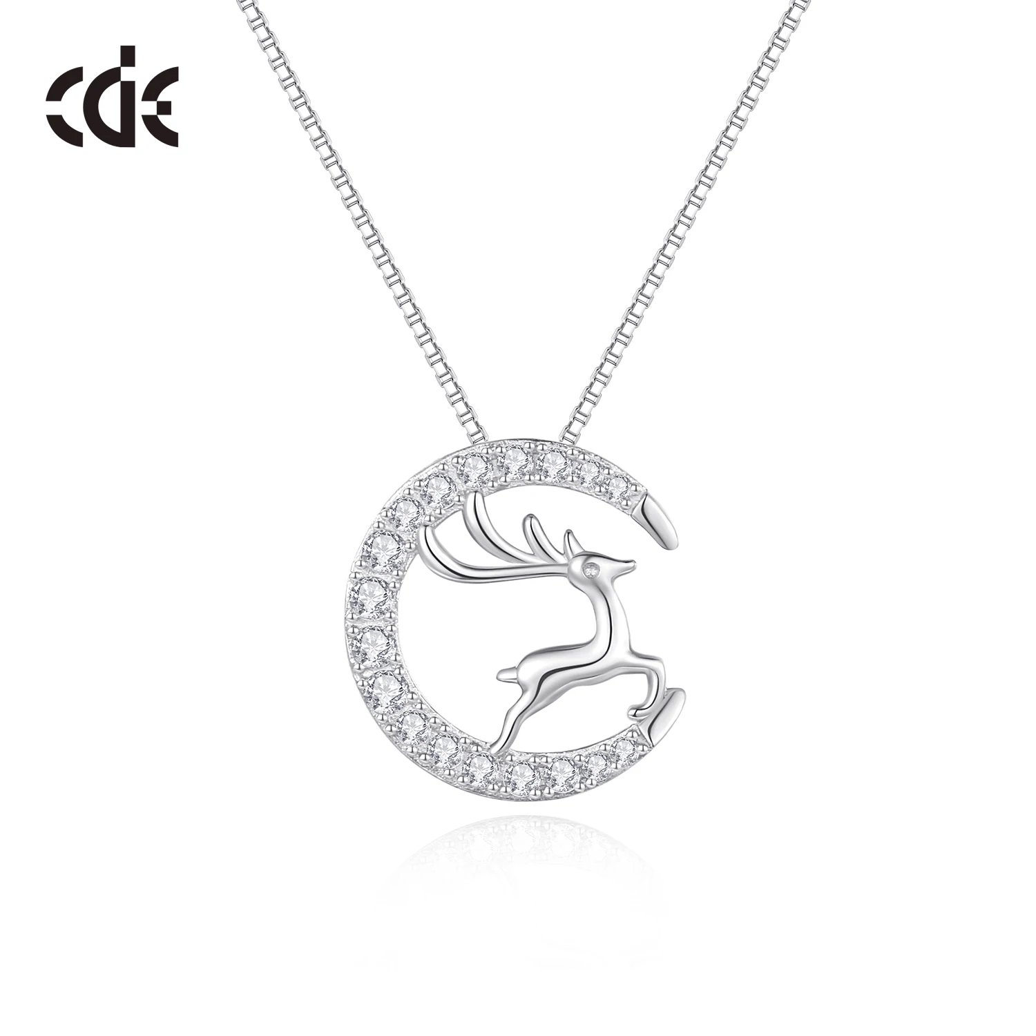 CDE CZYN021 925S Silver Christmas Gift Jewelry Zircon Necklace Wholesale Moon&Deer Rhodium Plated Christmas Pendant Necklace