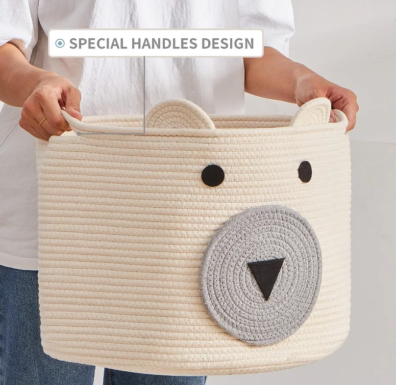 Cotton Rope Storage Basket Cute Bear Basket with Handles Nursery Storage Baby Nursery Basket for Toys Clothes Towels