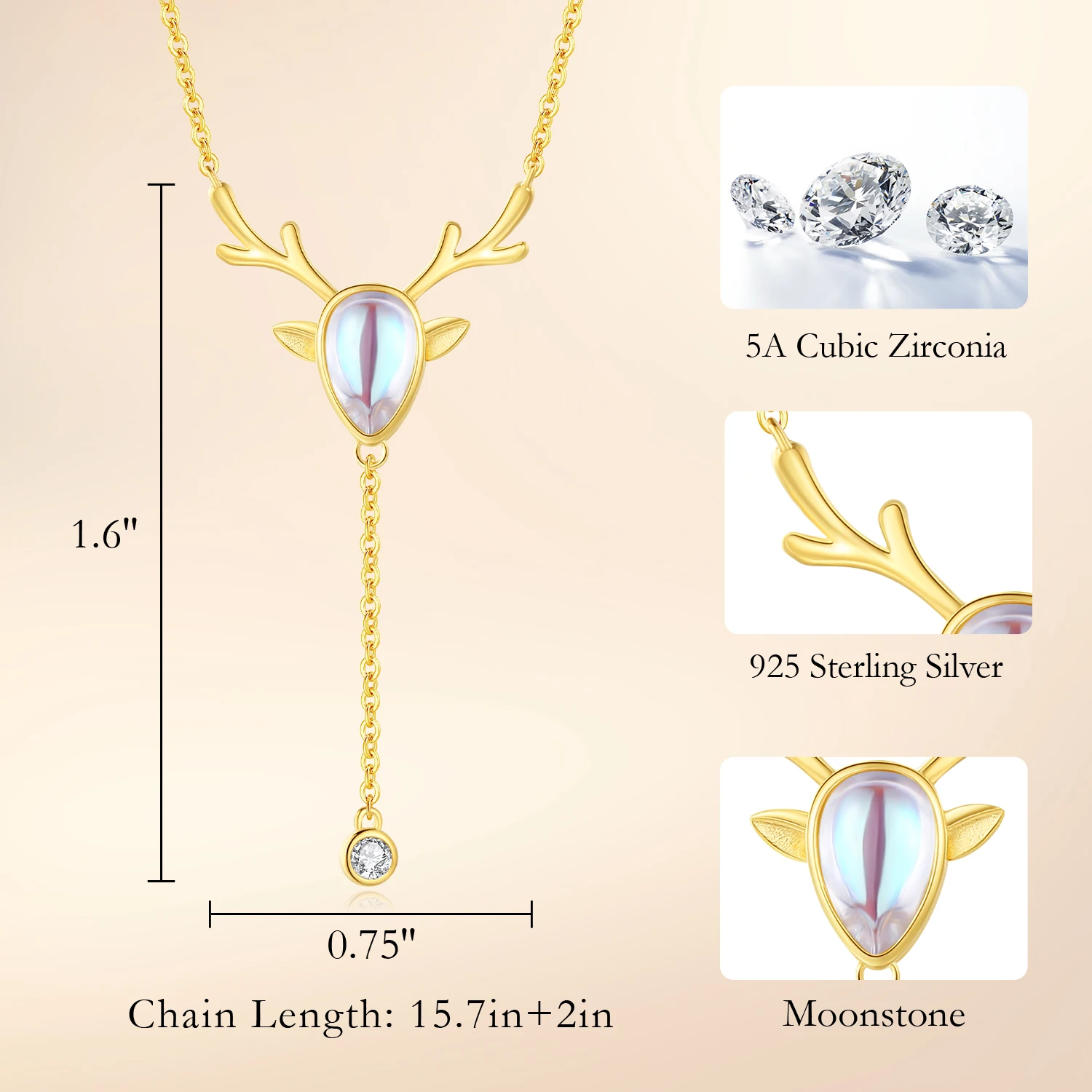 CDE V06305 925 Sterling Silver Jewelry Moonstone Deer Shape Pendant Rose Gold Plated Christmas Series Necklace