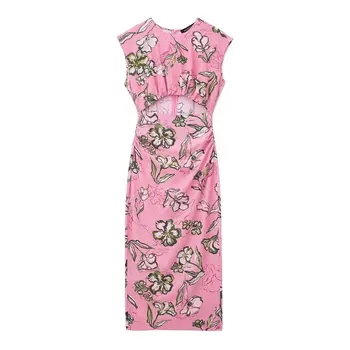 Summer New Women's Printed Flower Pink Color Short Sleeve Fashion Elegant Round Neck Slim Fit Hollow out Linen Dress