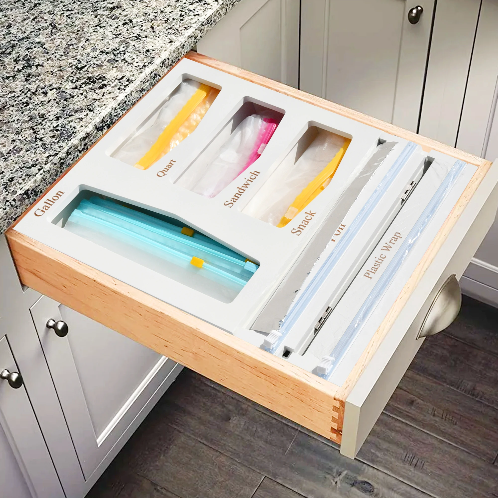 Ziplock Bag Storage Organizer, Foil & Plastic Wrap Dispenser with Cutter for Kitchen Drawer