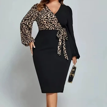 Hot Selling Fashionable Sexy Straight Tube Plus Size V-neck Lace Up Long Sleeve Leopard Print Short Dress for Elegant Women