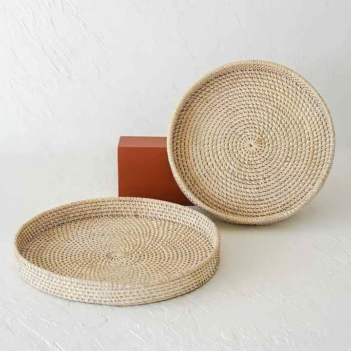 Woven Natural Round Rattan Trays With Wood Handle Sustainable