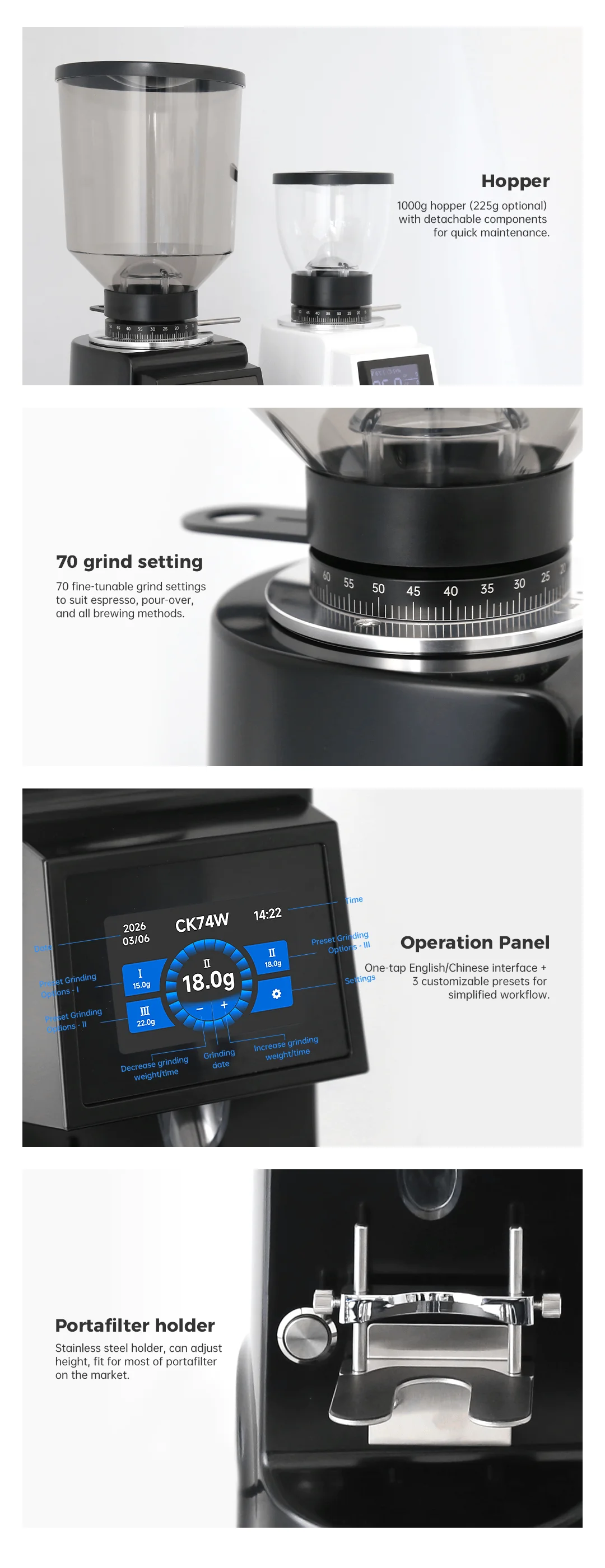 2026 New CK74W Espresso Coffee Grinder Heavy-Duty Espresso Grinder 74mm Burrs Large Capacity 1kg Hopper Stepless Setting Café