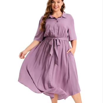 Customized Fashionable Women's Clothing Solid Button Pocket Shirt Collar Belted Maxi Dress OEM Manufacturer