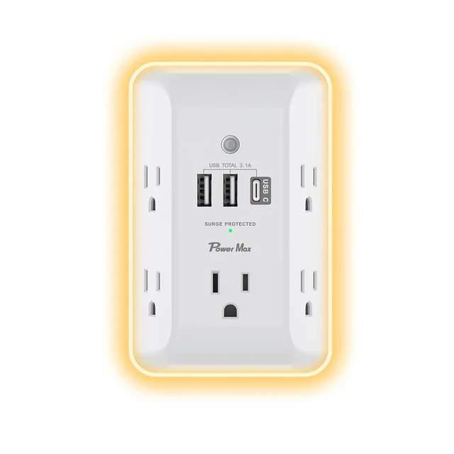 6 Outlet Surge Protector, Multi Plug Outlet Adapter with 2 USB Wall Charger and night light