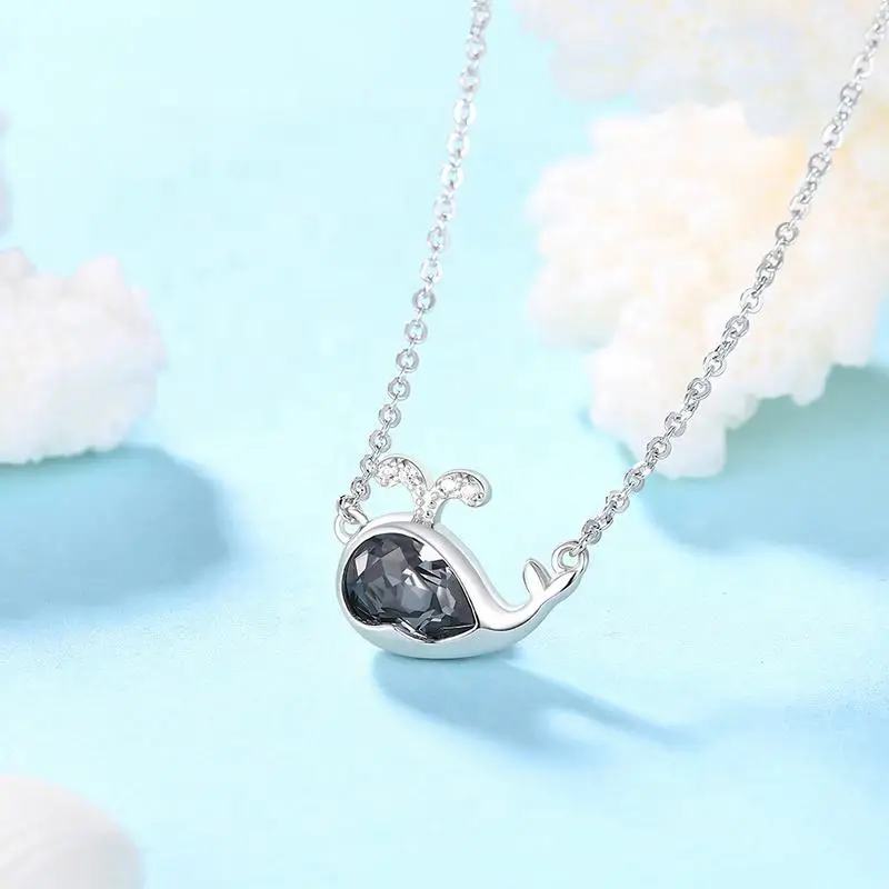CDE YN0921 Fine 925 Sterling Silver Jewelry Animal Crystal Necklace Wholesale Rhodium Plated Black Whale Pendant Necklace For Gi