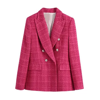 High quality Elegant Style Candy Solid Color Double Breasted Long Sleeve Notched Collar Casual Tweed Ladies Blazers for Women