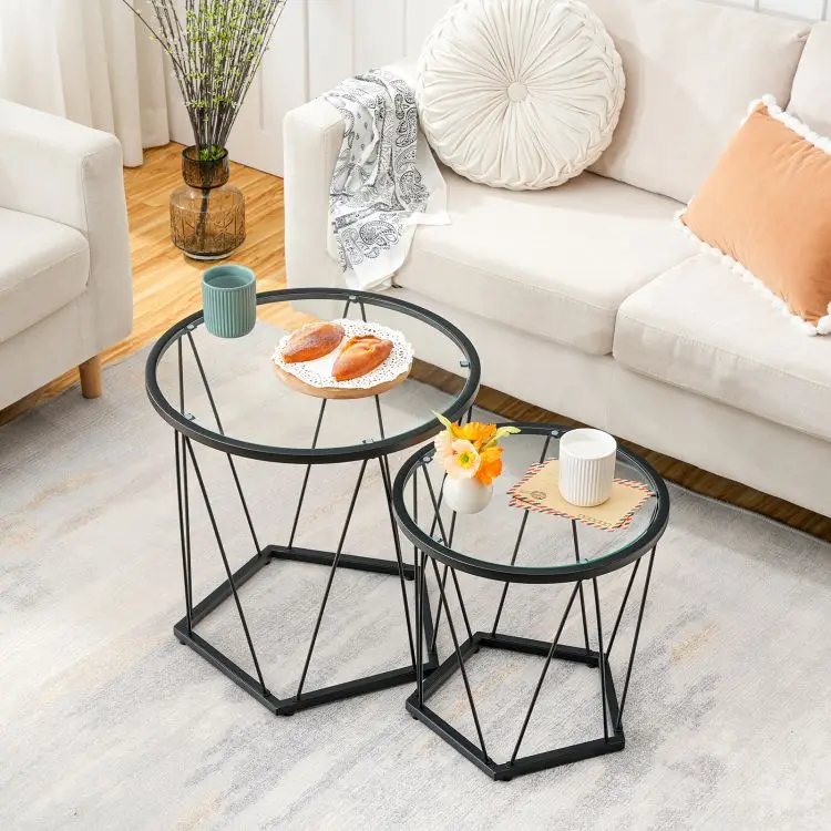 Wholesale Living Room Modern Round Nesting Glass Black Coffee Table Set of 2 Center Table Stacking Side End Table with Storage