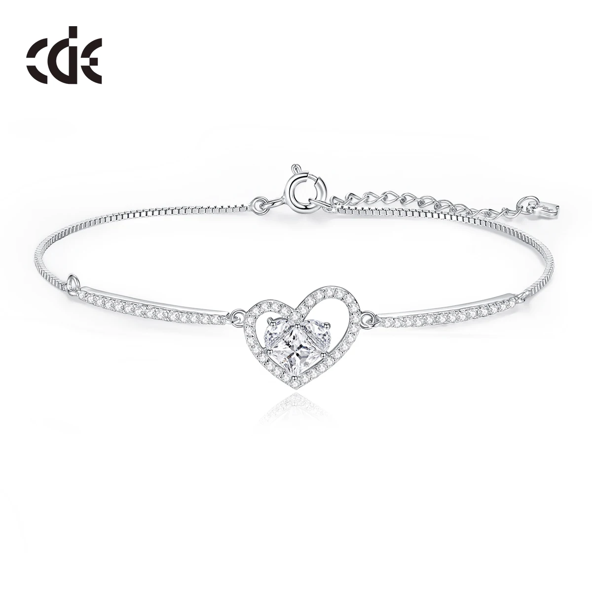 CDE CZYB013 Trendy 925 Sterling Silver Jewelry Heart Bracelet Wholesale 5A Zircon Rhodium Plated Asymmetric Heart Women Bracelet