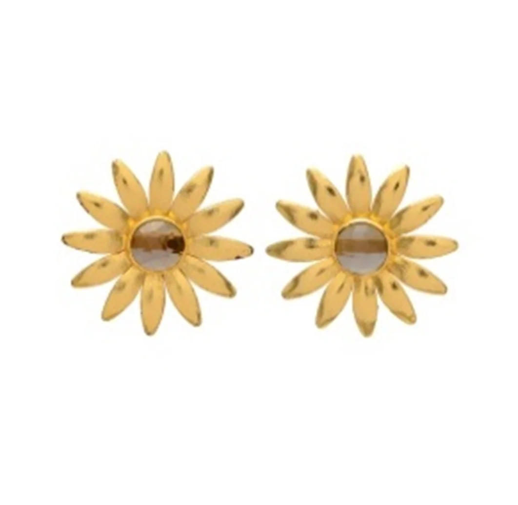 Elegant Gold Sunflower Earrings With Sparkling Stones Brass Plated Stud