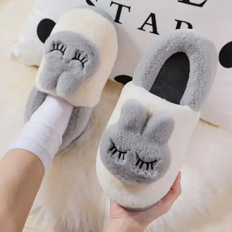 Cross Border Winter warm Girls fuzzy fluffy stuffed animal rabbit autumn home indoor slippers for women