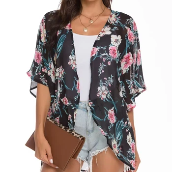 Women Casual Vintage Kimono Cardigan Ladies Summer Long Crochet Chiffon Kimono Loose flora printed Blouse Tops Black