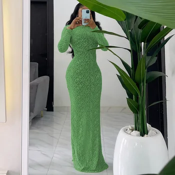 Charm New Arrival Fashion Flock Printing Slim Sexy Tighten  Waist Ladies Dress O-Neck Green Vestidos Outfits Dresses for Women