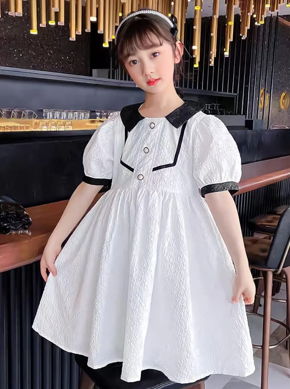 Wholesale 3-7 years old Kids summer clothes with short sleeves waffle summer fancy party dress Kids princess fancy party dresses