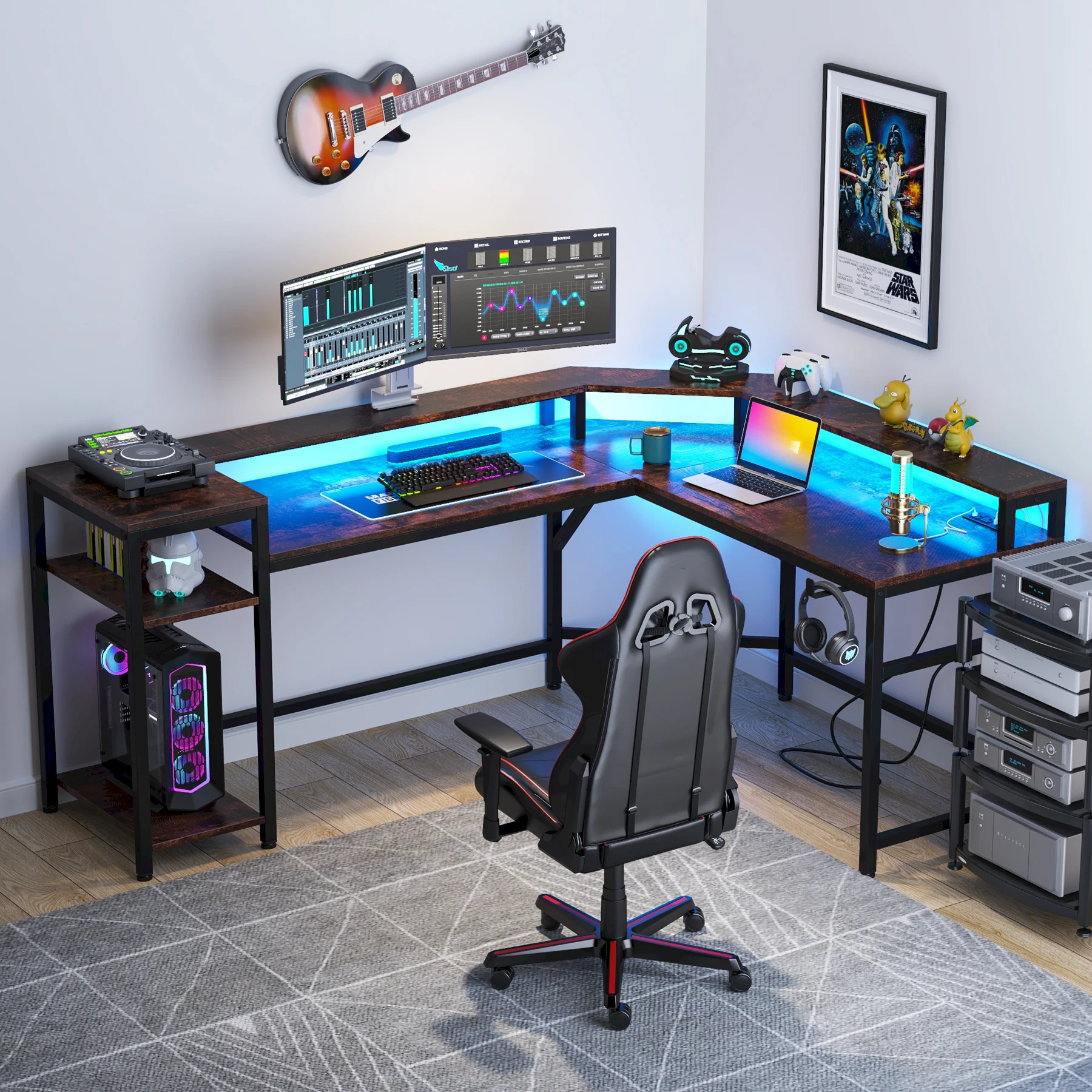 L-Shaped Large Corner Desktop Computer PC Big Workstation Gaming Desk Table With LED Strips