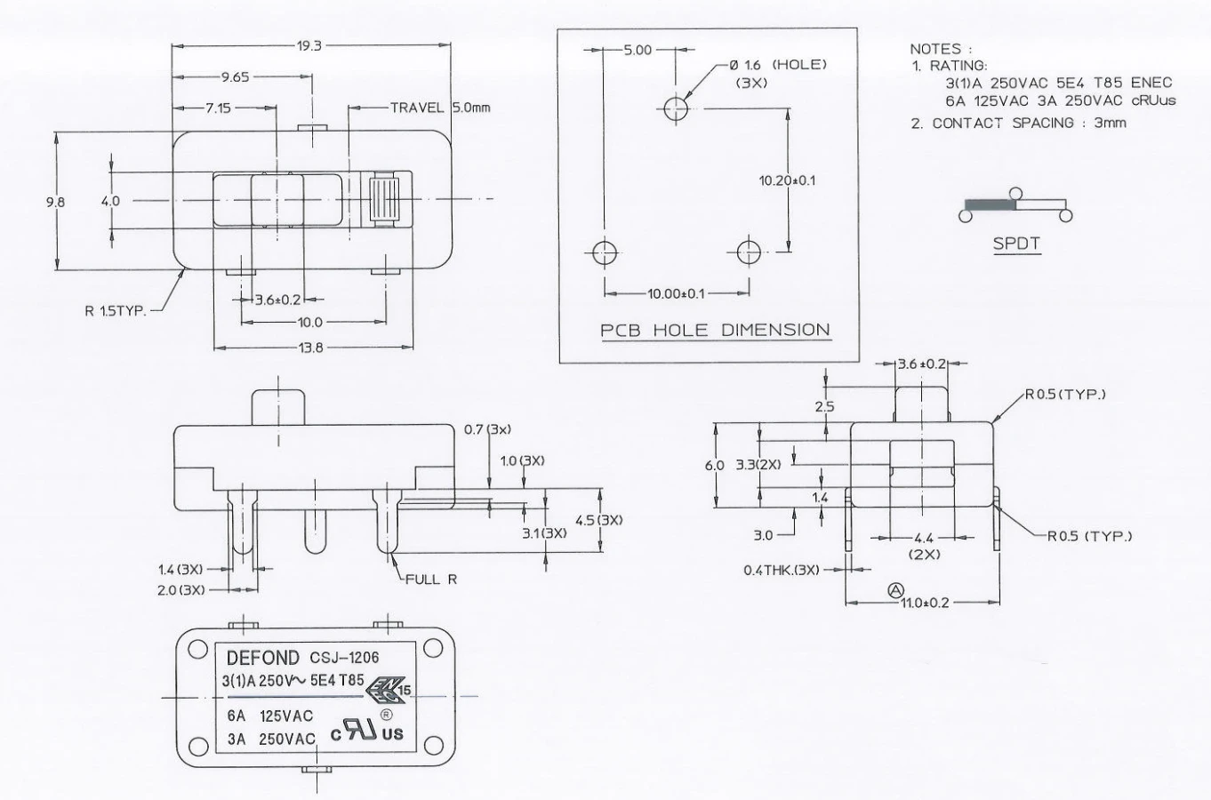 Defond Slide Switch Pcb Mount Csj