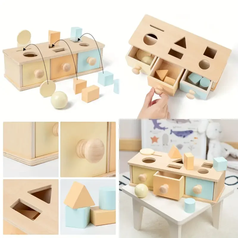 Montessori Kids Wooden Coin Box Drawer Game Educational Toys Preschool Training Drum Toy Baby Early Learning Teaching Aids Toys