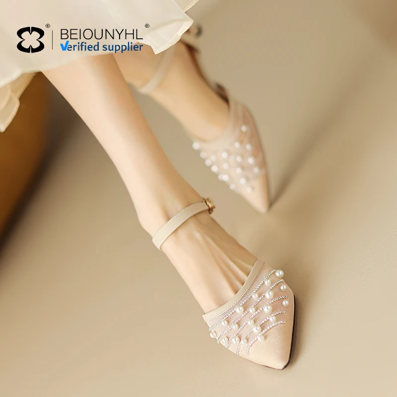 2024 Customized Logo Pointed Toe Shoes T Strap Slingbacks Heeled Sandals Breathable Mesh Low Heel Unique Cup Heels Sandals