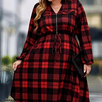 Red Big Plaid Long Sleeve Short Maternity Plus Size  Women Plaid Shirt Zipper Lace Up Women Red And Black Plaid Dress for Women