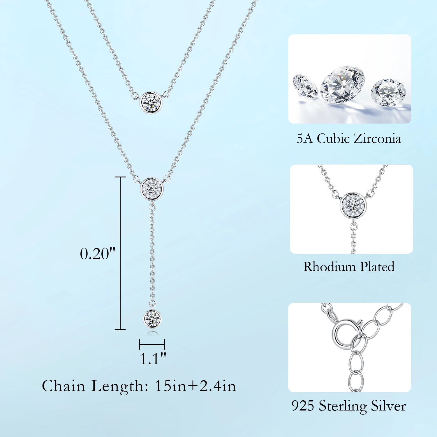 CDE CZYN064 Fine Jewelry 925 Sterling Silver Necklace Double Layer Chain Rhodium Plated Women Zircon Pendant Necklace