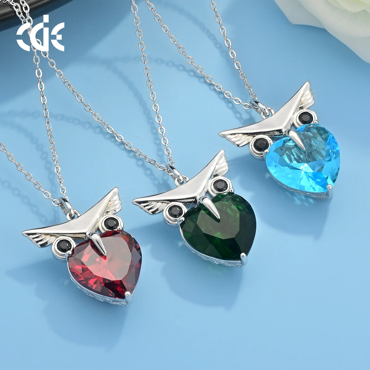 CDE YN0932 Fine Jewelry S925 Silver Necklace Wholesale Rhodium Plated Owl Heart Cut Crystal Women Pendant Necklace