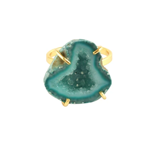 Gorgeous Looking Natural Green Geode Druzy Gold Plated Adjustable Ring