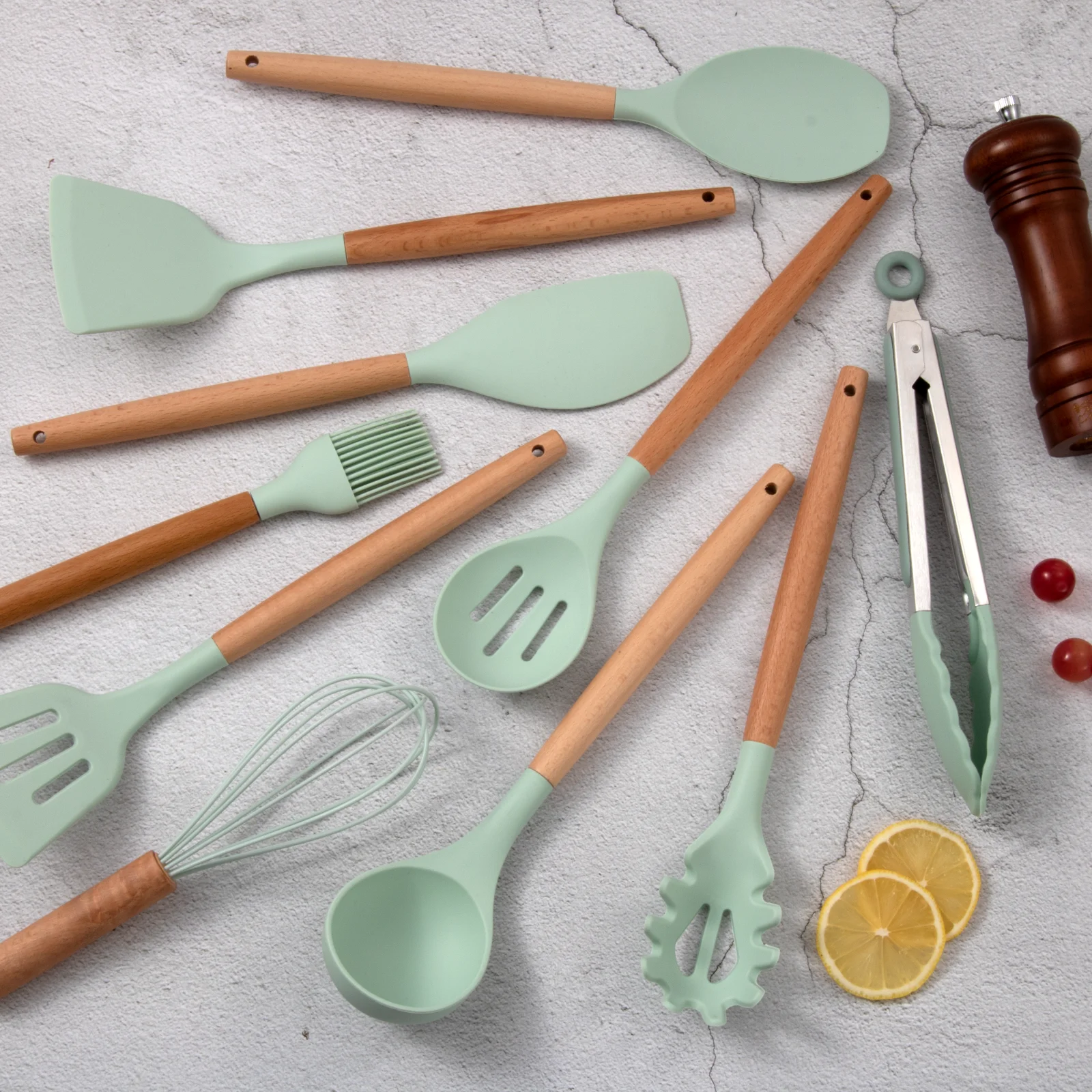 Factory wholesale 12 Pcs set silicone kitchenware accessories cooking tools set spatula stirring kitchen utensils Wooden Handle