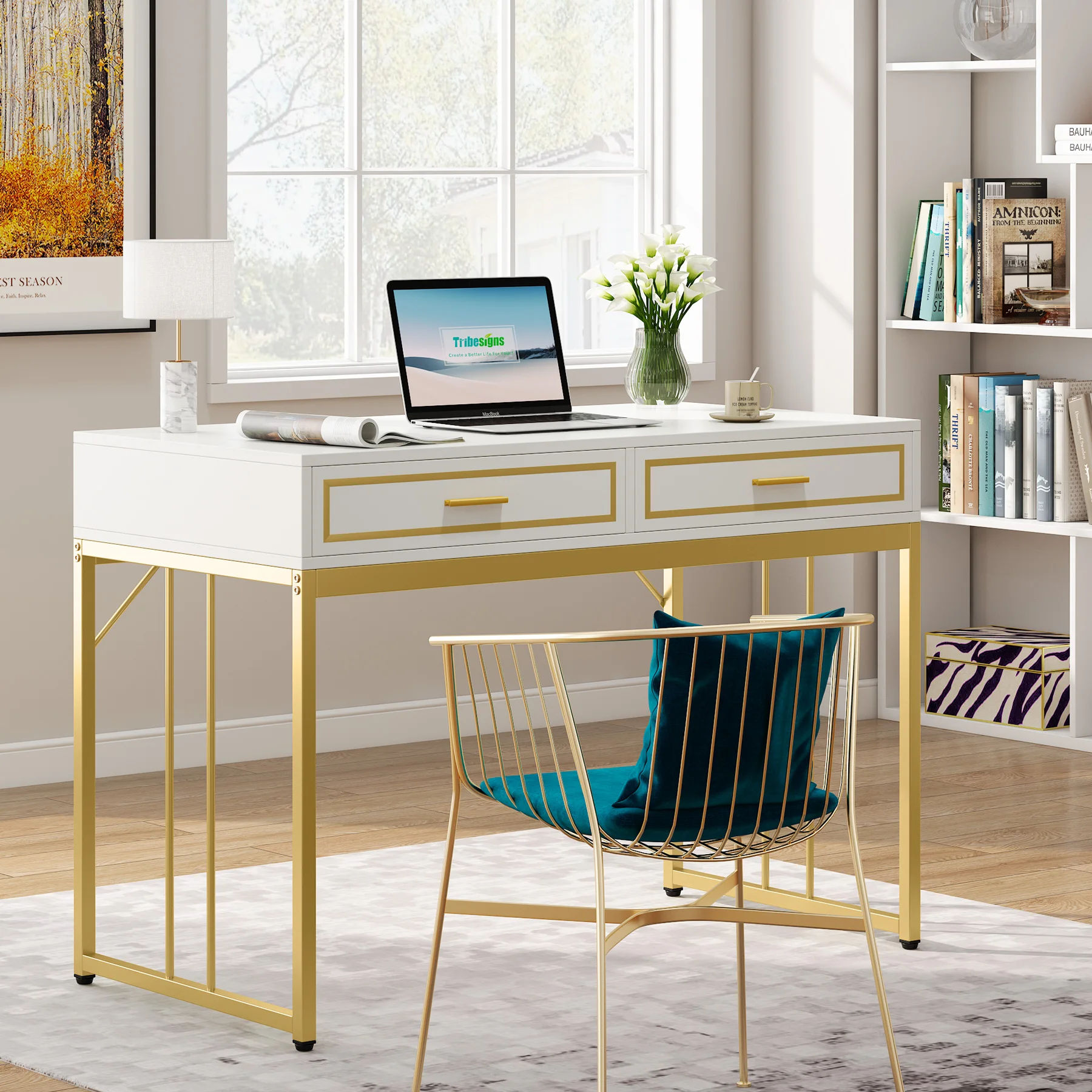 Tribesigns 47 Inch Make Up Vanity Console Table Computer Desk with 2 Drawers for Home Office White and Gold