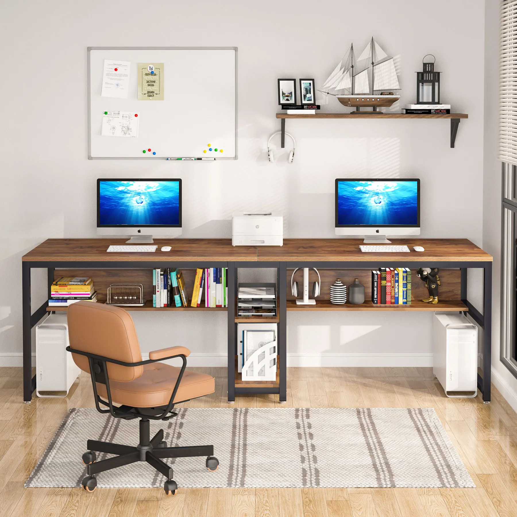 Rustic Two Person Computer Office Double Desk with Bookshelf for Two Person