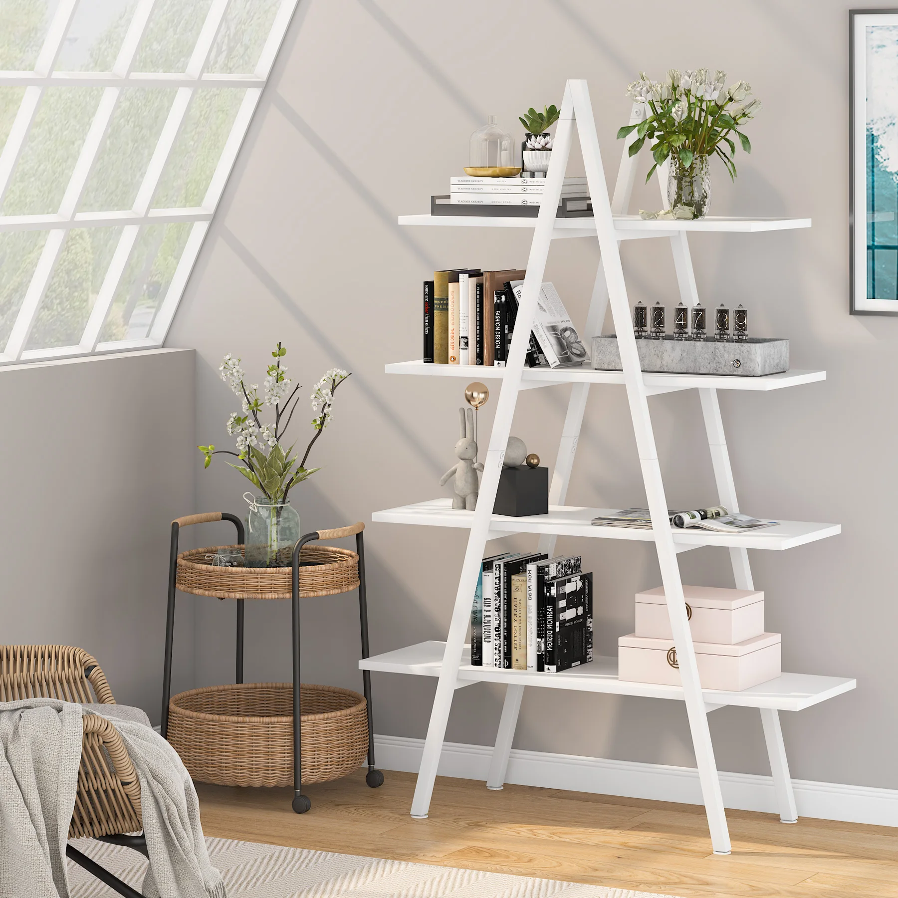 A-Shaped Nordic 4-Tier Display Storage Ladder Shelf White Bookcase For Sale