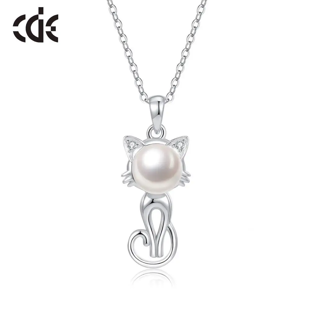 CDE YN1016 Fine 925 Sterling Silver Jewelry Cute Cat Charm Necklace Freshwater Pearl Animal Pendant Necklace For Girl