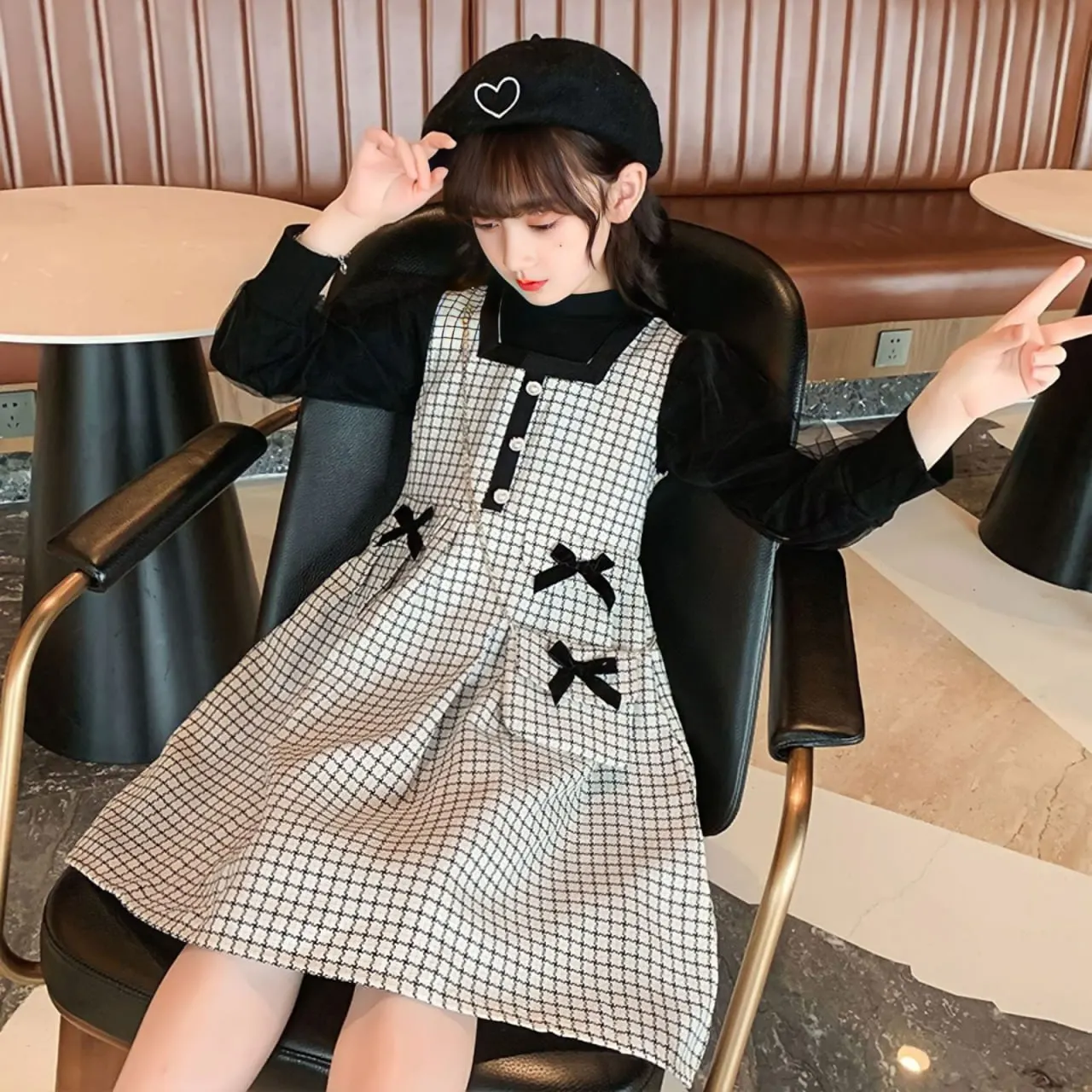 French style toddler girls clothing 3-7 years cotton plaid long sleeve dress kids with peter pan collar girl winter dress