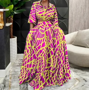 2 piece Elegant Set African Plus Size Half Sleeve Summer Loose Women Tops Long Dress Swing Maxi Skirt Casual Women's Outfit Suit