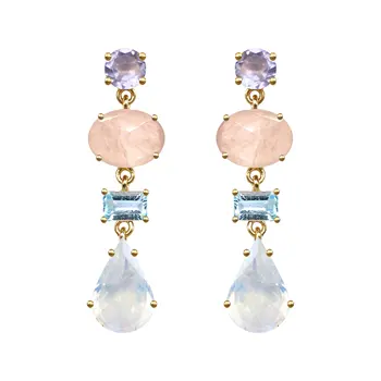 Rainbow Moonstone Blue Topaz Hydro Peach Chalcedony And Amethyst Hydro 925 Sterling Silver Earring Gold Plated Drop Earring