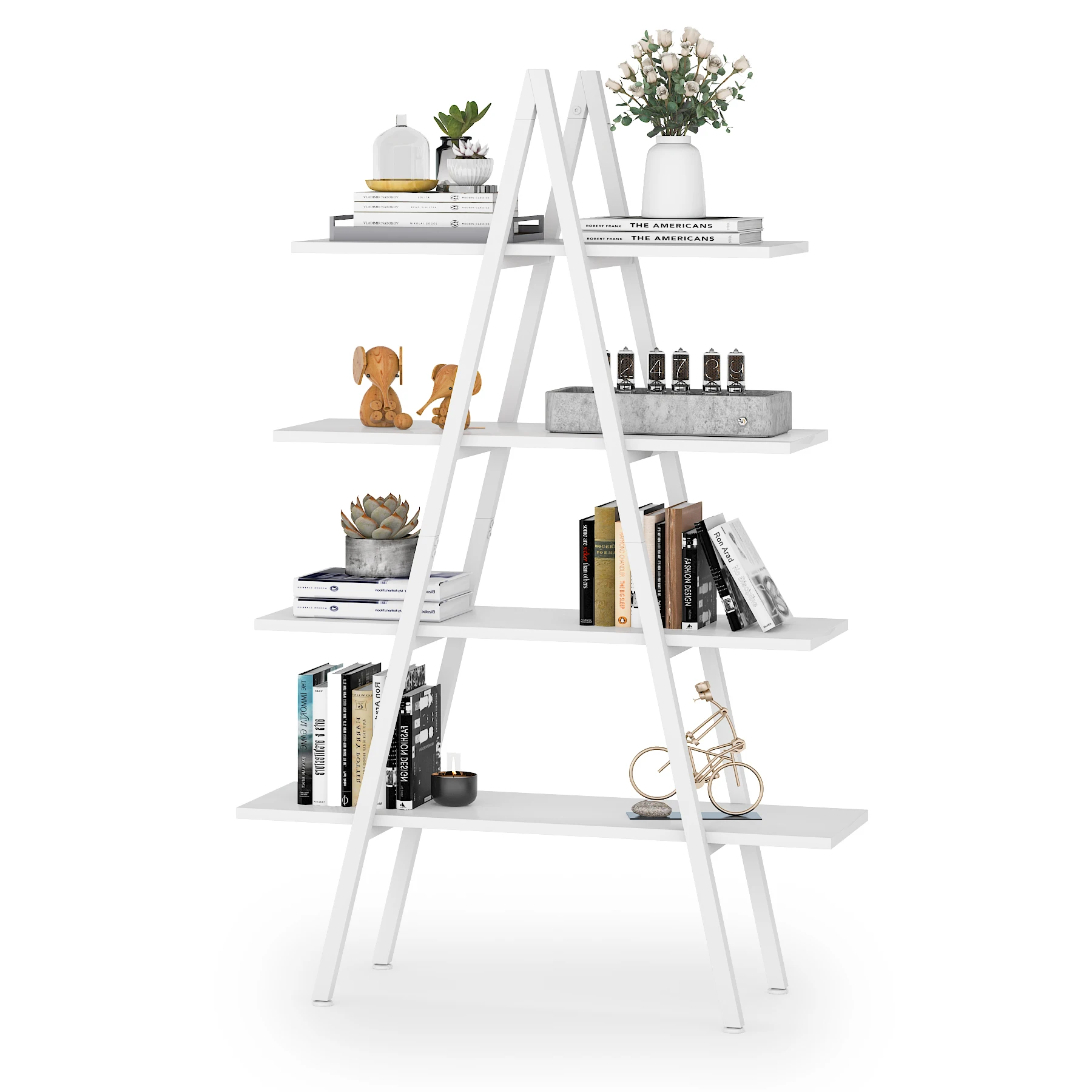 A-Shaped Nordic 4-Tier Display Storage Ladder Shelf White Bookcase For Sale
