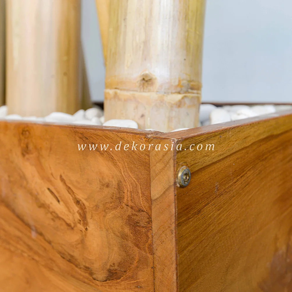 Bamboo Poles On The Rectangle Rustic Teak Pot With Pebbles Interior