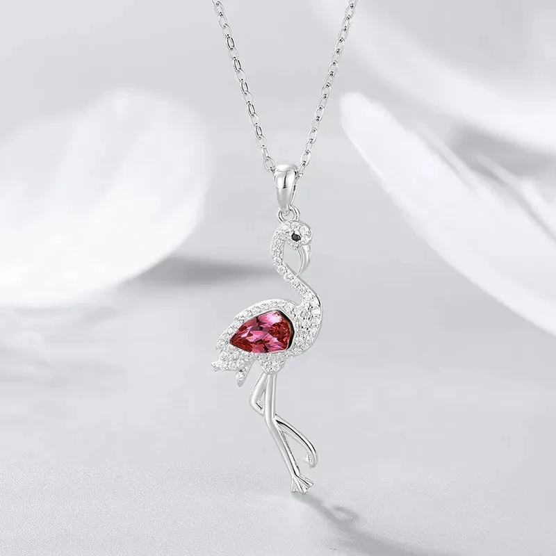 CDE YP1620 Fine Jewelry 925 Sterling Silver Necklace Bird Crystal Stone Jewelry For Women Pink Flamingo Pendant Necklace