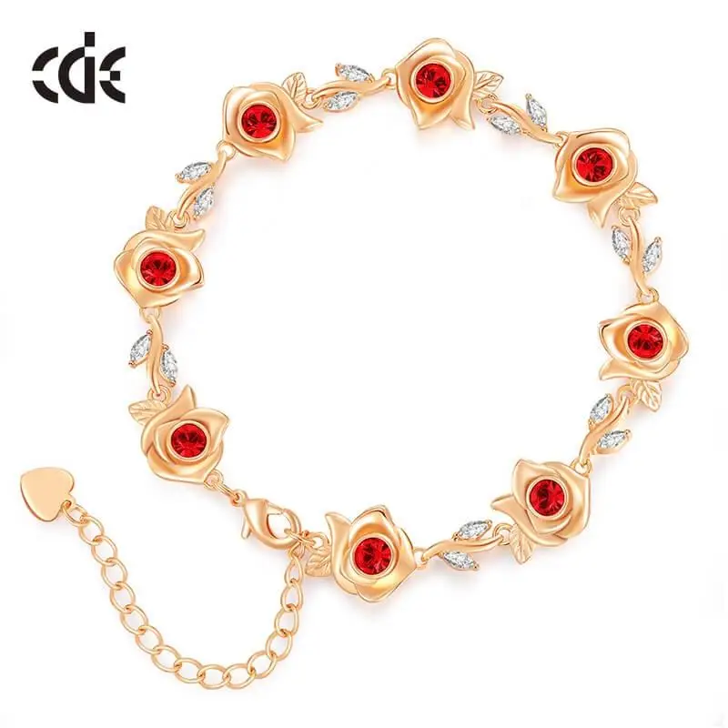 CDE B1379 Fashion Copper Allor Bracelet Red Crystal Shape 18K Gold Plated Rose Flower Bracelet Bangles Girl Gift