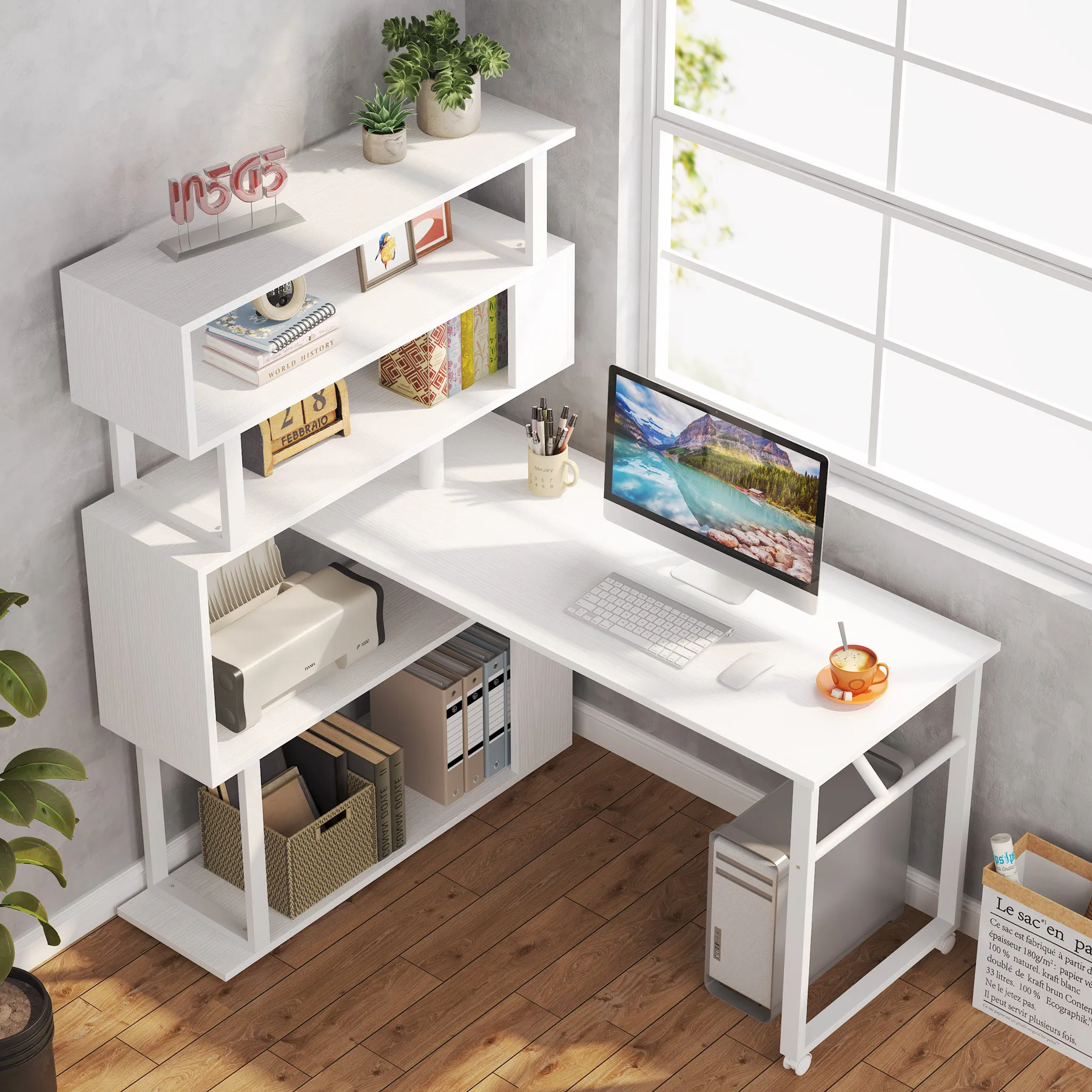 White Color Modern Design Office Wood Corner Computer Desk Furniture With Storage