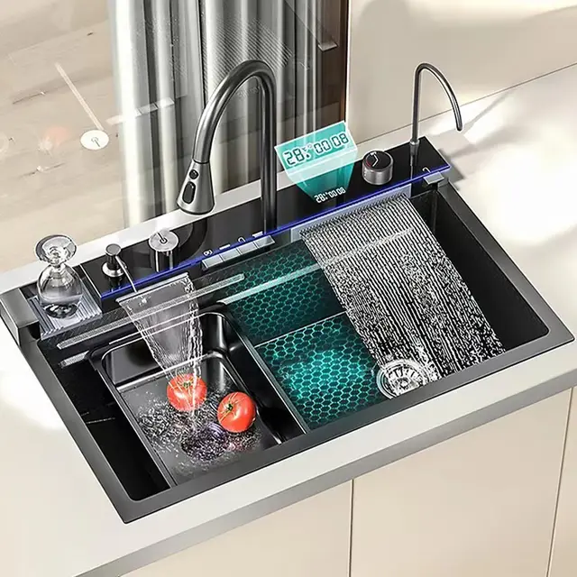 Premium Handcrafted Sink Supplier LED Digital Display Waterfall Kitchen Sinks
