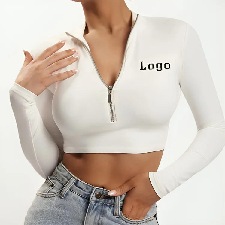 100% Organic Cotton Women Long Sleeve Crop Top  T Shirts Zipper Breathable Casual Outdoor Wear T Shirts With Custom Logo