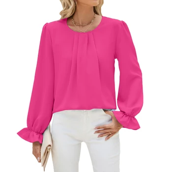 Wholesale Multi Color Fashion Casual Women Round Collar Long Sleeve Pink Chiffon Blouses for Ladies