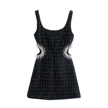 New Arrival Spring Summer Collection Women Square Collar Beading Design Tweed Fabric Sleeveless Mini Evening Event Party Dress