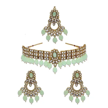 Mint Color Indian Traditional Kundan Choker Necklace Set in Gold finish Indian Fashion Necklace Jewelry Set