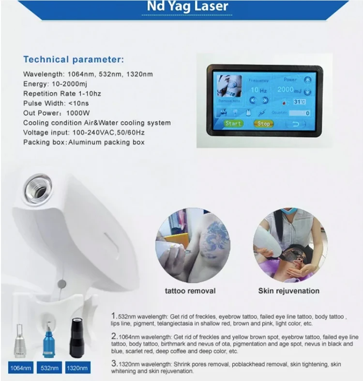 Professional Laser Tattoo Removal Machine For Sale 3 TECHNICAL SPECIFICATIONS <ul> <li>Power: 500W</li> <li>Voltage: 110V/220V; 50Hz/60Hz</li> <li>Screen size: 4.3in</li> <li>Laser wavelength: 532nm; 1064nm; 1320nm</li> <li>Pulse energy: 0-2000MJ</li> <li>Pulse frequency: 10Hz</li> <li>Spot diameter: 1-8mm adjustable</li> <li>Pulse width: 10ns</li> <li>Package size : 45*60*51cm</li> <li>Package weight: 25 kg</li> <li> <div>ReturnPolicy: <b class="magic-5"><span style="color: #2196ed;">30 Days Money back guarantee</span></b> <a href="http://skintechx.com/refund_returns" data-sm="true">Return Policy</a></div></li> <li> <div>ShippingDetails: <b class="magic-5"><span style="color: #2196ed;">FREE SHIPPING fast delivery</span></b> <a href="https://skintechx.com/shipping-policy" data-sm="true">Shipping policy</a></div></li> </ul> Professional Laser Tattoo Removal Machine For Sale