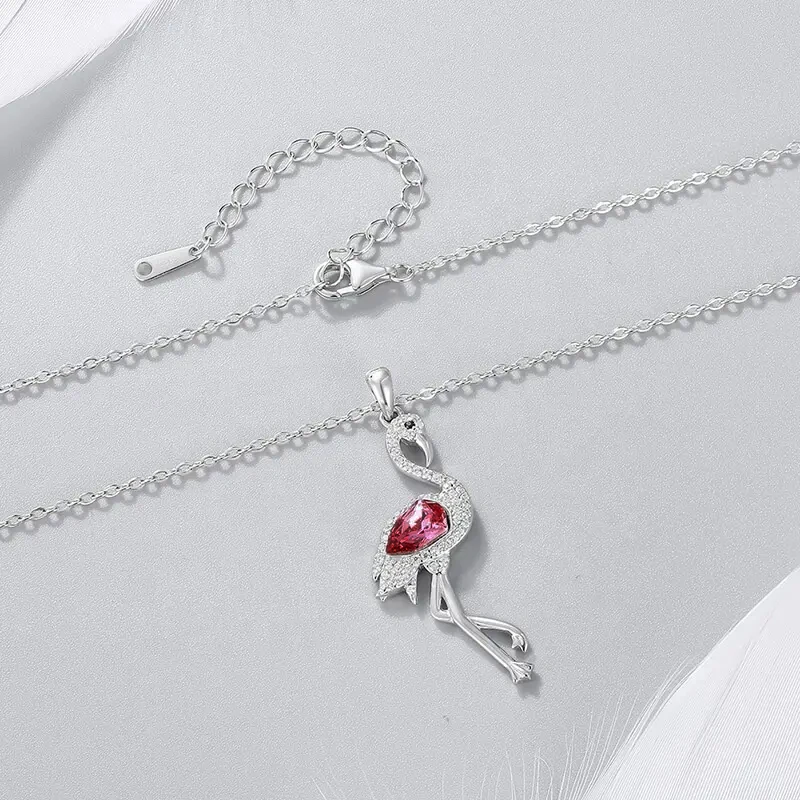 CDE YP1620 Fine Jewelry 925 Sterling Silver Necklace Bird Crystal Stone Jewelry For Women Pink Flamingo Pendant Necklace